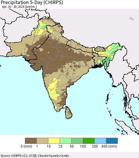 Southern Asia Precipitation 5-Day (CHIRPS) Thematic Map For 4/16/2024 - 4/20/2024