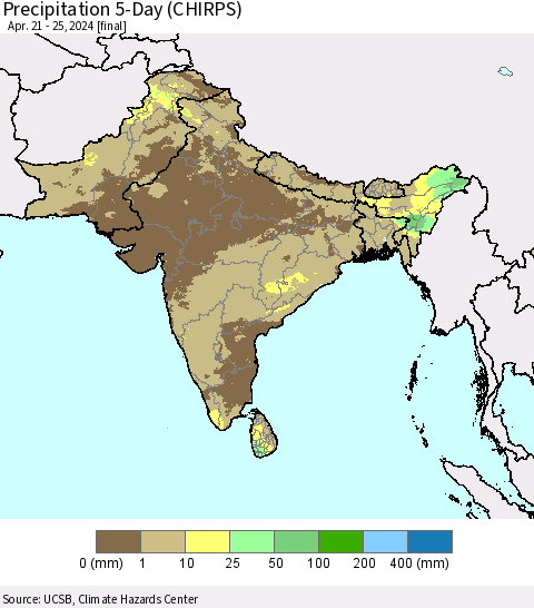 Southern Asia Precipitation 5-Day (CHIRPS) Thematic Map For 4/21/2024 - 4/25/2024
