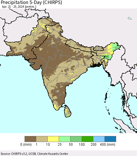 Southern Asia Precipitation 5-Day (CHIRPS) Thematic Map For 4/21/2024 - 4/25/2024