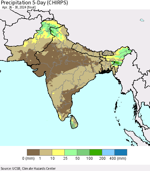 Southern Asia Precipitation 5-Day (CHIRPS) Thematic Map For 4/26/2024 - 4/30/2024