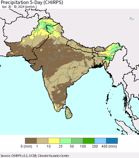 Southern Asia Precipitation 5-Day (CHIRPS) Thematic Map For 4/26/2024 - 4/30/2024