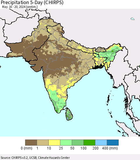 Southern Asia Precipitation 5-Day (CHIRPS) Thematic Map For 5/16/2024 - 5/20/2024