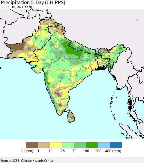 Southern Asia Precipitation 5-Day (CHIRPS) Thematic Map For 7/6/2024 - 7/10/2024