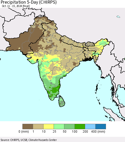 Southern Asia Precipitation 5-Day (CHIRPS) Thematic Map For 10/11/2024 - 10/15/2024