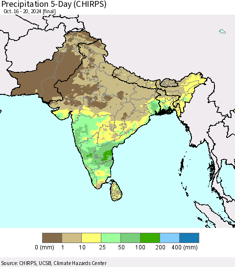 Southern Asia Precipitation 5-Day (CHIRPS) Thematic Map For 10/16/2024 - 10/20/2024