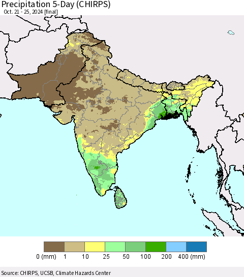Southern Asia Precipitation 5-Day (CHIRPS) Thematic Map For 10/21/2024 - 10/25/2024