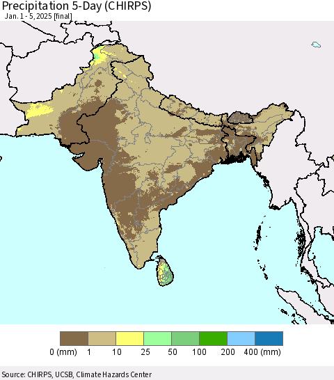 Southern Asia Precipitation 5-Day (CHIRPS) Thematic Map For 1/1/2025 - 1/5/2025