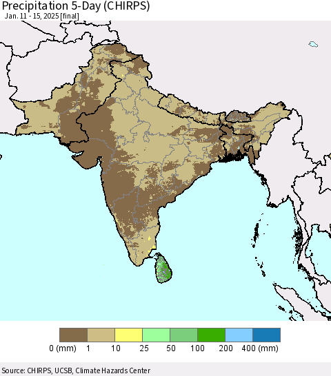 Southern Asia Precipitation 5-Day (CHIRPS) Thematic Map For 1/11/2025 - 1/15/2025