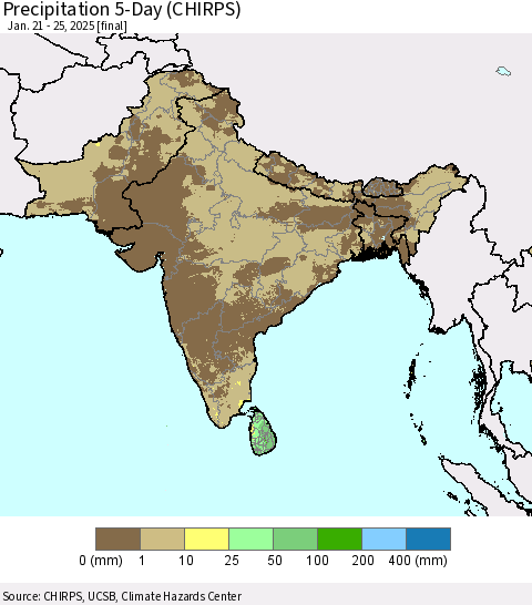 Southern Asia Precipitation 5-Day (CHIRPS) Thematic Map For 1/21/2025 - 1/25/2025