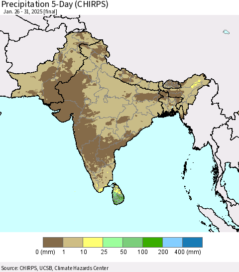 Southern Asia Precipitation 5-Day (CHIRPS) Thematic Map For 1/26/2025 - 1/31/2025