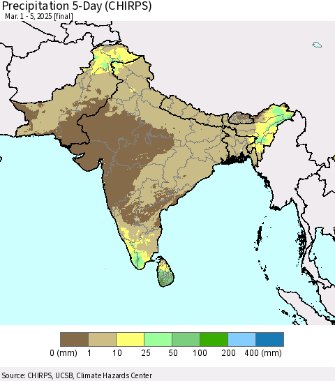 Southern Asia Precipitation 5-Day (CHIRPS) Thematic Map For 3/1/2025 - 3/5/2025