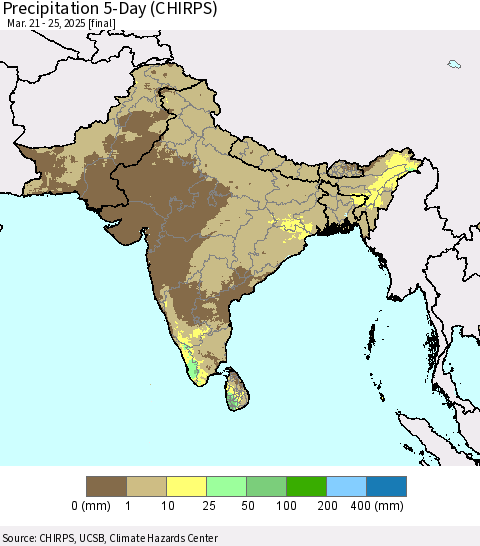 Southern Asia Precipitation 5-Day (CHIRPS) Thematic Map For 3/21/2025 - 3/25/2025