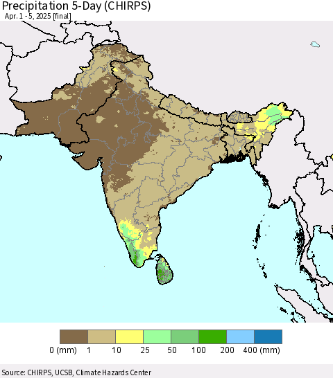Southern Asia Precipitation 5-Day (CHIRPS) Thematic Map For 4/1/2025 - 4/5/2025