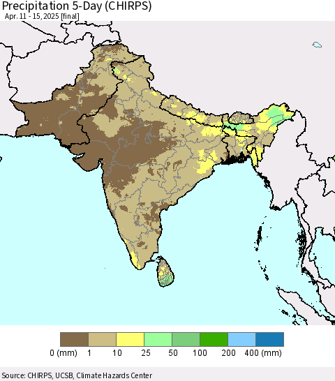 Southern Asia Precipitation 5-Day (CHIRPS) Thematic Map For 4/11/2025 - 4/15/2025