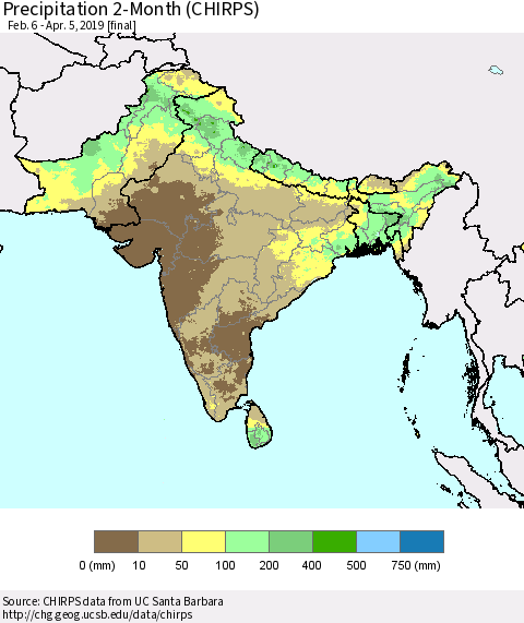 Southern Asia Precipitation 2-Month (CHIRPS) Thematic Map For 2/6/2019 - 4/5/2019
