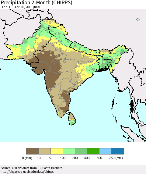 Southern Asia Precipitation 2-Month (CHIRPS) Thematic Map For 2/11/2019 - 4/10/2019