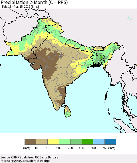 Southern Asia Precipitation 2-Month (CHIRPS) Thematic Map For 2/16/2019 - 4/15/2019