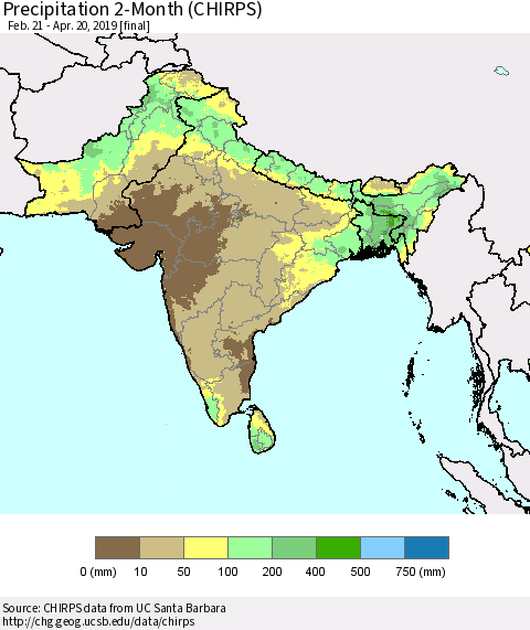 Southern Asia Precipitation 2-Month (CHIRPS) Thematic Map For 2/21/2019 - 4/20/2019