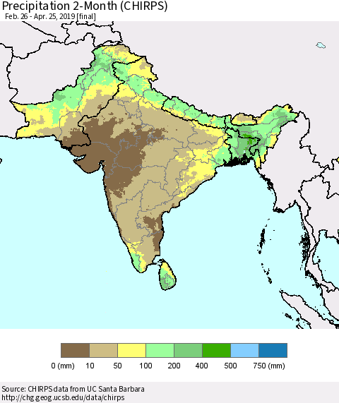 Southern Asia Precipitation 2-Month (CHIRPS) Thematic Map For 2/26/2019 - 4/25/2019