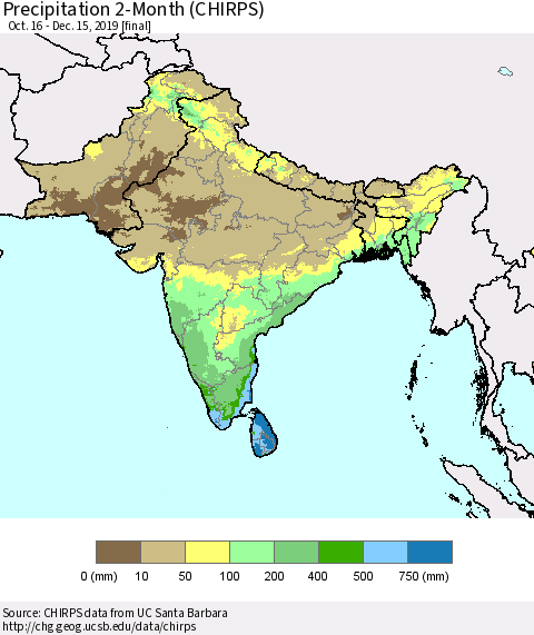 Southern Asia Precipitation 2-Month (CHIRPS) Thematic Map For 10/16/2019 - 12/15/2019