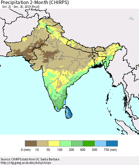 Southern Asia Precipitation 2-Month (CHIRPS) Thematic Map For 10/21/2019 - 12/20/2019