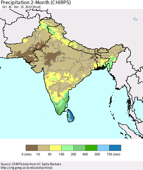 Southern Asia Precipitation 2-Month (CHIRPS) Thematic Map For 10/26/2019 - 12/25/2019