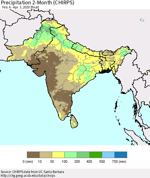 Southern Asia Precipitation 2-Month (CHIRPS) Thematic Map For 2/6/2020 - 4/5/2020