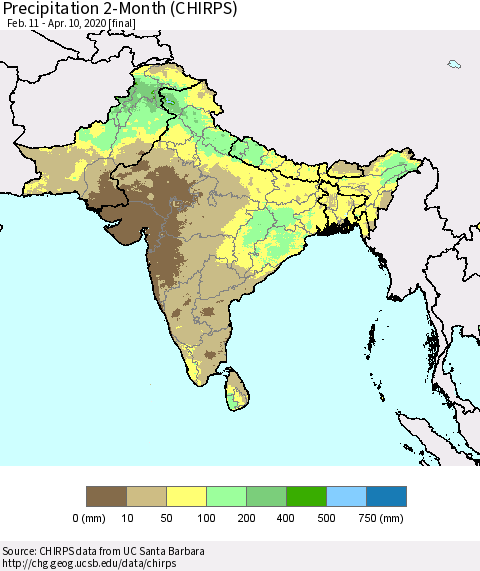 Southern Asia Precipitation 2-Month (CHIRPS) Thematic Map For 2/11/2020 - 4/10/2020