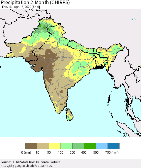 Southern Asia Precipitation 2-Month (CHIRPS) Thematic Map For 2/16/2020 - 4/15/2020