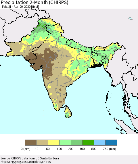 Southern Asia Precipitation 2-Month (CHIRPS) Thematic Map For 2/21/2020 - 4/20/2020