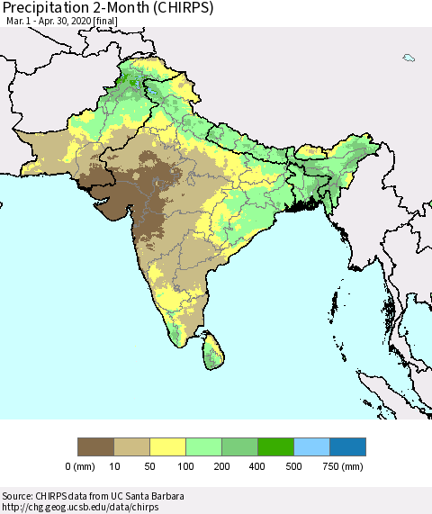 Southern Asia Precipitation 2-Month (CHIRPS) Thematic Map For 3/1/2020 - 4/30/2020