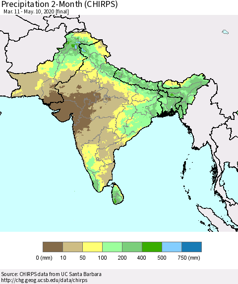 Southern Asia Precipitation 2-Month (CHIRPS) Thematic Map For 3/11/2020 - 5/10/2020
