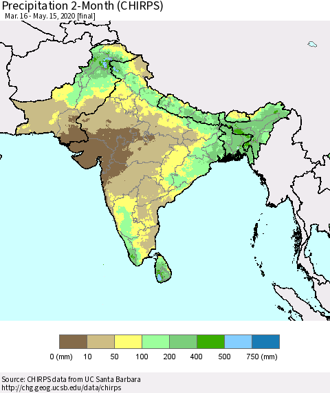 Southern Asia Precipitation 2-Month (CHIRPS) Thematic Map For 3/16/2020 - 5/15/2020