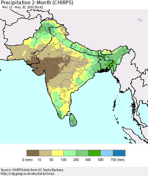 Southern Asia Precipitation 2-Month (CHIRPS) Thematic Map For 3/21/2020 - 5/20/2020