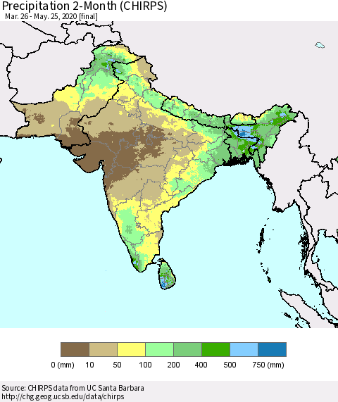 Southern Asia Precipitation 2-Month (CHIRPS) Thematic Map For 3/26/2020 - 5/25/2020