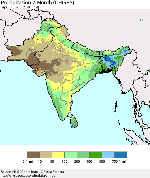 Southern Asia Precipitation 2-Month (CHIRPS) Thematic Map For 4/6/2020 - 6/5/2020