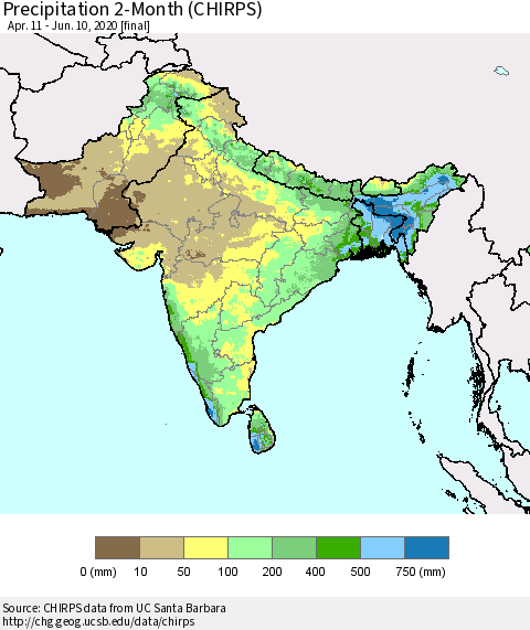Southern Asia Precipitation 2-Month (CHIRPS) Thematic Map For 4/11/2020 - 6/10/2020
