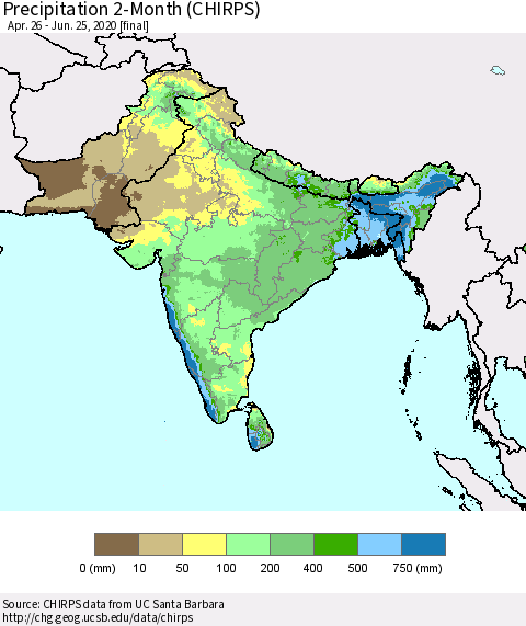 Southern Asia Precipitation 2-Month (CHIRPS) Thematic Map For 4/26/2020 - 6/25/2020