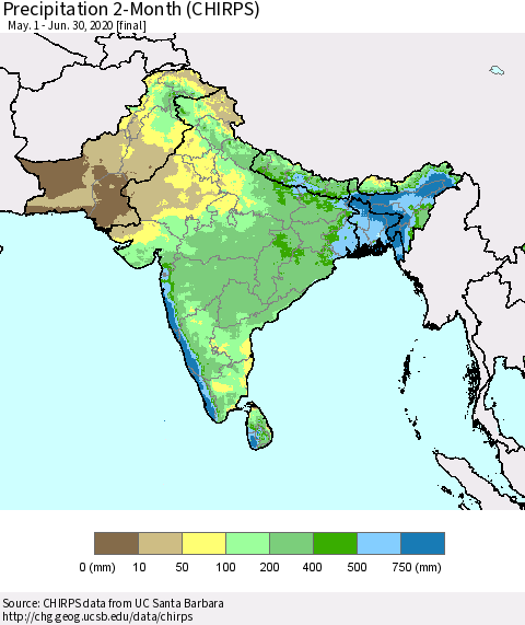 Southern Asia Precipitation 2-Month (CHIRPS) Thematic Map For 5/1/2020 - 6/30/2020