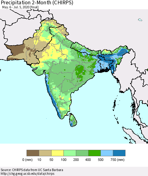 Southern Asia Precipitation 2-Month (CHIRPS) Thematic Map For 5/6/2020 - 7/5/2020