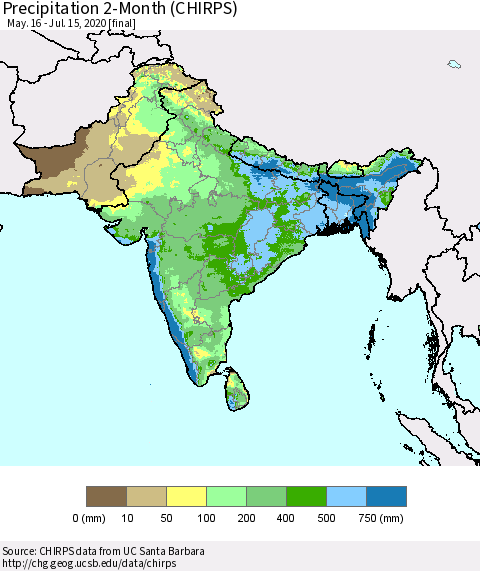 Southern Asia Precipitation 2-Month (CHIRPS) Thematic Map For 5/16/2020 - 7/15/2020