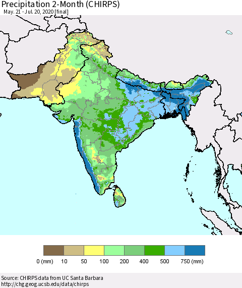 Southern Asia Precipitation 2-Month (CHIRPS) Thematic Map For 5/21/2020 - 7/20/2020