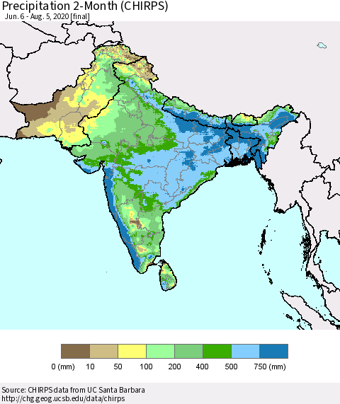 Southern Asia Precipitation 2-Month (CHIRPS) Thematic Map For 6/6/2020 - 8/5/2020