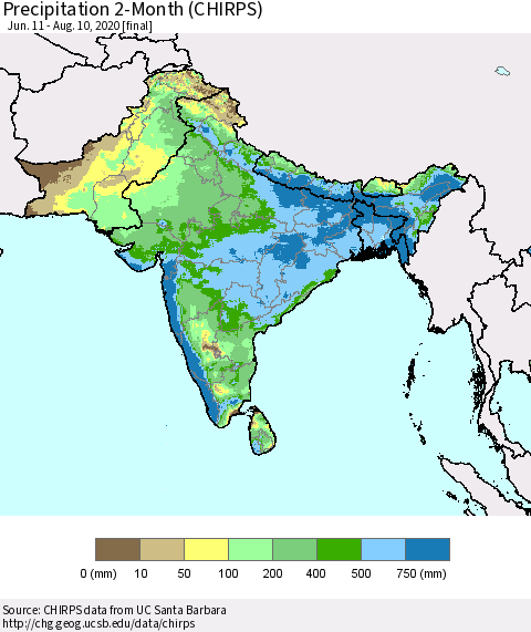 Southern Asia Precipitation 2-Month (CHIRPS) Thematic Map For 6/11/2020 - 8/10/2020