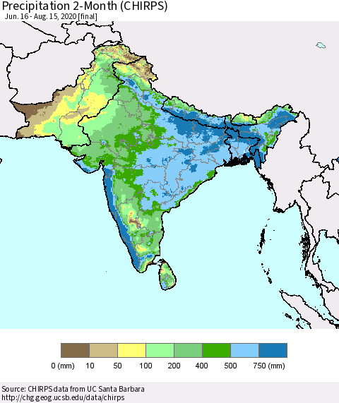 Southern Asia Precipitation 2-Month (CHIRPS) Thematic Map For 6/16/2020 - 8/15/2020