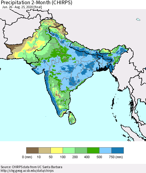 Southern Asia Precipitation 2-Month (CHIRPS) Thematic Map For 6/26/2020 - 8/25/2020