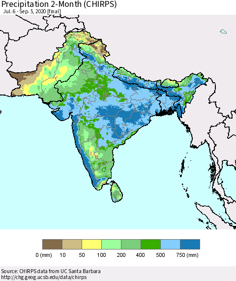 Southern Asia Precipitation 2-Month (CHIRPS) Thematic Map For 7/6/2020 - 9/5/2020