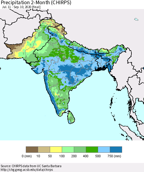 Southern Asia Precipitation 2-Month (CHIRPS) Thematic Map For 7/11/2020 - 9/10/2020