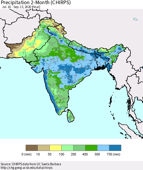 Southern Asia Precipitation 2-Month (CHIRPS) Thematic Map For 7/16/2020 - 9/15/2020