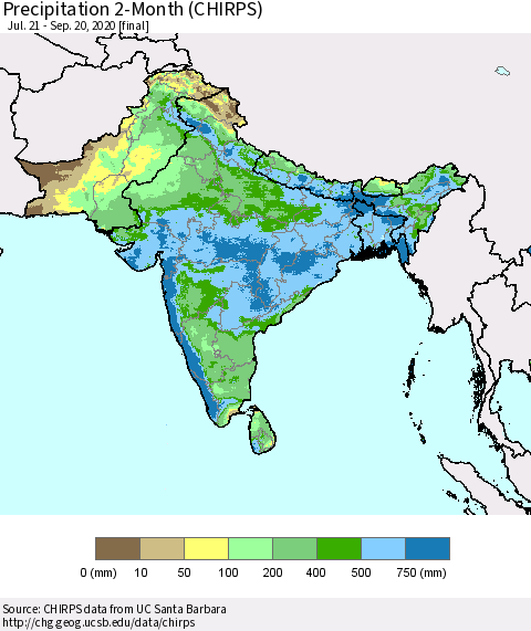 Southern Asia Precipitation 2-Month (CHIRPS) Thematic Map For 7/21/2020 - 9/20/2020